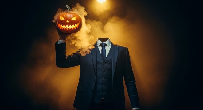 Headless man in a suit and tie holding a jack-o-lantern, Foggy Halloween image