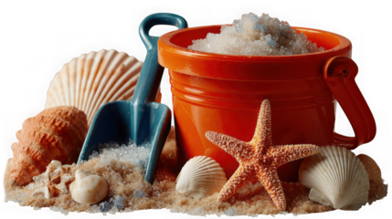 A bright orange beach bucket filled with sand and a blue shovel, surrounded by seashells and a starfish isolated on transparent background