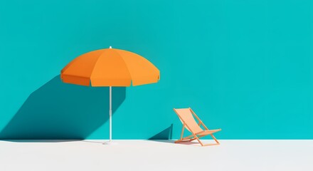 An orange beach umbrella and lounge chair sit on a white surface against a vibrant teal wall
