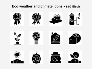 A bold glyph-style eco weather icon set featuring climate and nature symbols. Ideal for apps, dashboards, environmental content, and modern sustainability presentations.