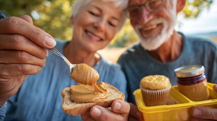 A smiling senior couple spreading peanut butter on crackers during a picnic with a packed peanut butter and jelly sandwich in a school lunchbox