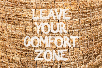 Leave your comfort zone symbol. Concept words Leave your comfort zone on beautiful palm bark. Beautiful palm tree bark background. Business psychological Leave your comfort zone concept. Copy space.
