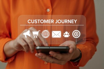 Business professional managing the customer journey on a smartphone. A digital interface shows marketing touchpoints and strategy.