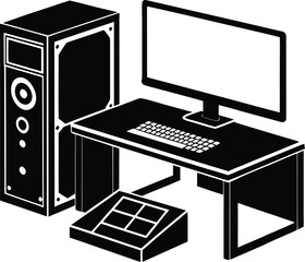 Fototapeta premium Computer setup with tower monitor keyboard and controller silhouette isolated on transparent background