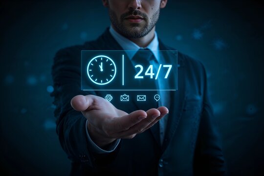Always-on customer support concept. A businessman presents a glowing 24/7 service hologram, representing constant connectivity and availability.