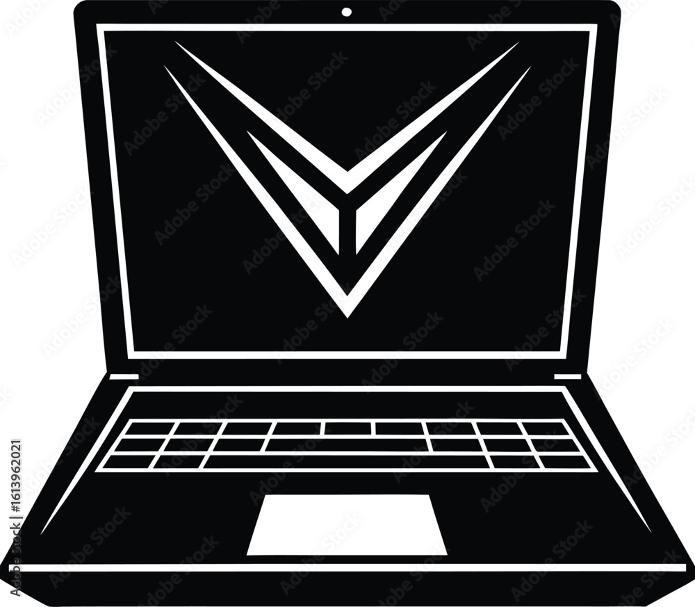 Poster black laptop computer silhouette with abstract design on screen isolated on transparent background s