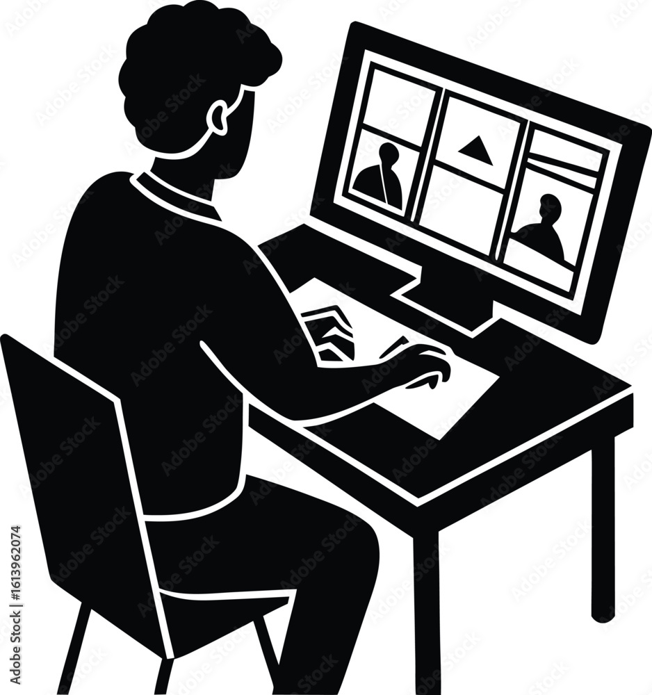 Poster person working at desk with computer screen silhouette isolated on transparent background