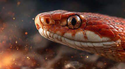 Obraz premium Fiery Snake with Red Scales and Luminous Eyes: Exotic Macro Wildlife Photography
