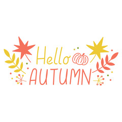 Cheerful hand-drawn “Hello Autumn” text with pumpkin and leaves – warm and festive illustration perfect for seasonal greeting cards, fall decor, and harvest promotions.