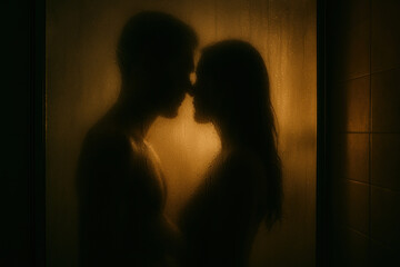 Silhouetted couple sharing an intimate moment in the shower, surrounded by steam and warm light, evoking passion, romance, and connection.
