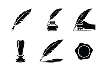 Feather quill pen inkwell hand writing stamp wax seal vector