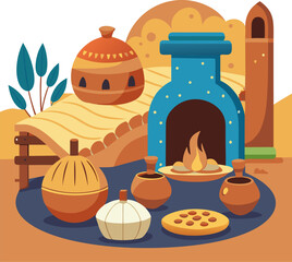 Traditional desert clay oven baking flatbreads icon