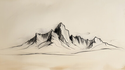 A delicate, hand-drawn outline of a rugged mountain range in thin, expressive charcoal line art, set against a vast, creamy white background that subtly gradates to a soft, warm beige towards the sky.