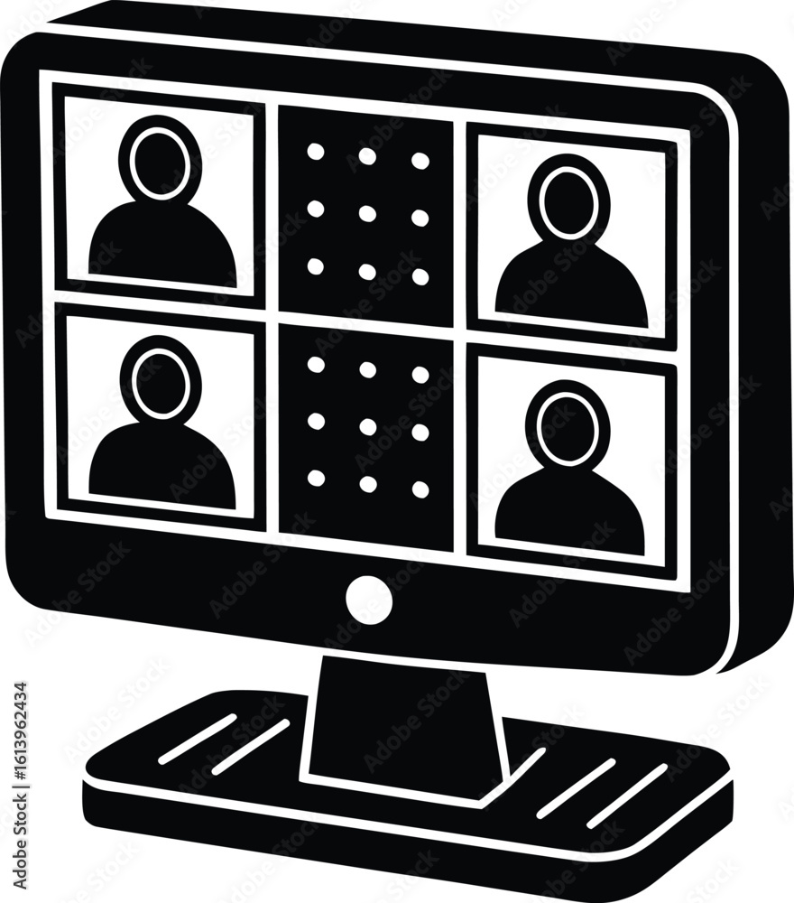 Poster computer screen displaying a video conference with four participants silhouette isolated on transpar