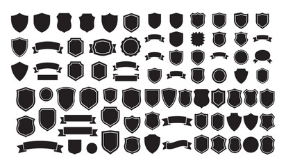 Shield & Banner Mega Pack, An extensive collection of  black silhouette vector icons featuring diverse shield shapes and customizable ribbon banners