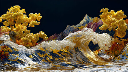 Golden wave crashes over vibrant autumnal landscape.  Detailed trees,  mountains,  and a powerful, textured wave