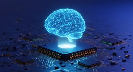 A glowing blue brain hovering above a computer chip on a blue circuit board background image