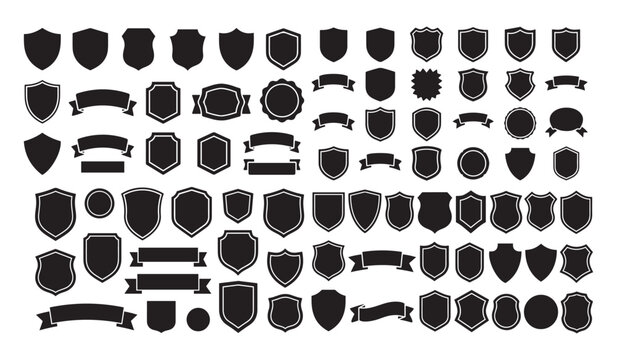 Shield & Banner Mega Pack, An extensive collection of  black silhouette vector icons featuring diverse shield shapes and customizable ribbon banners