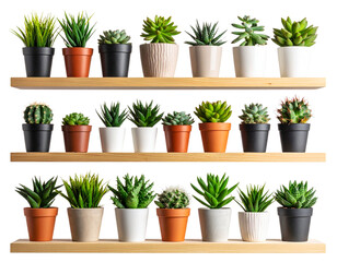 Minimalist Shelf with Succulents and Elegant Vases on White Surface, Isolated on Transparent Background