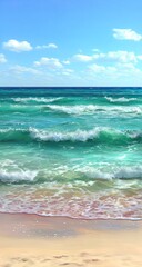 Ocean waves on a sandy beach under a blue sky