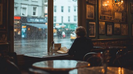 Naklejka premium A solo traveler sitting in a quiet cafe by a rainy window journaling and people watching in solitude real photo stock photography