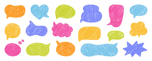 Chalk pencil speech bubbles doodle set. Crayon communication frame, comic talk balloon in sketch style, Grunge texture. Hand drawn vector illustration isolated on white background