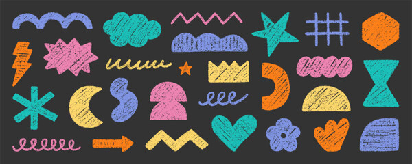 Abstract geometric shapes and forms, chalk pencil doodle set. Crayon modern figures, brush crown, stars, arrow in sketch style. Hand drawn vector illustration isolated on black background