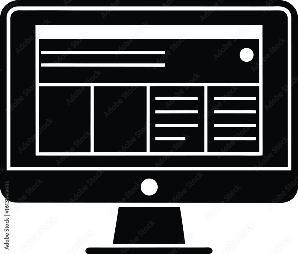 Poster computer monitor displaying a website layout silhouette isolated on transparent background