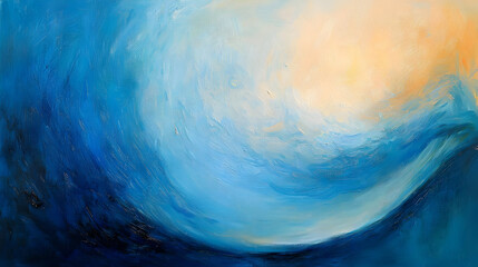 Abstract painting of a swirling,  ocean wave,  with light pastel colors merging into deeper blues
