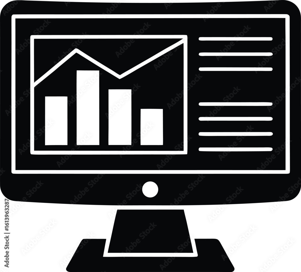 Poster computer monitor displaying financial charts and graphs silhouette isolated on transparent backgroun