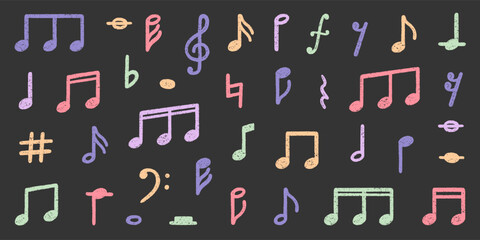 Crayon musical notes doodle set. Punk rock chalk pencil elements in sketch style. Grunge texture. Hand drawn vector illustration isolated on black background.
