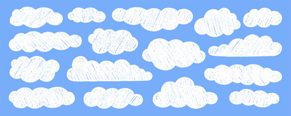 Chalk pencil clouds doodle set. Childish crayon sky, Pastel kids sketch. Grunge texture. Hand drawn vector illustration