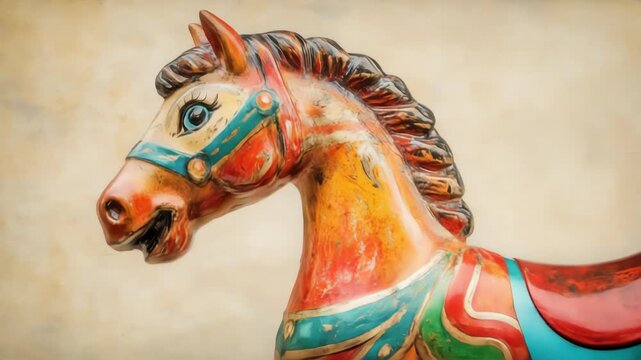 Close up shot of a worn, colorful wooden carousel animal with a beige textured backdrop. Detailed carving and visible brushstrokes enhance the vintage aesthetic.