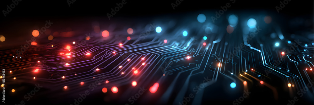 Poster abstract vector circuit board background with blue and red light effect on a dark purple background,