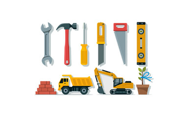 Construction tools for home repairs. Mechanic tools cartoon doodle set isolated on white background. Hammer, drill, screwdriver, hacksaw, chisel, light bulb. Vector illustration