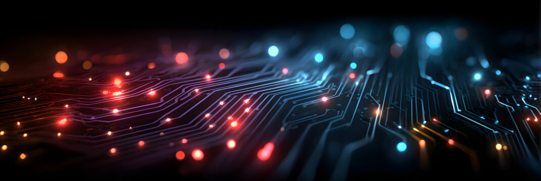 Abstract vector circuit board background with blue and red light effect on a dark purple background, a technology banner design for a website layout template Generative AI - Powered by Adobe