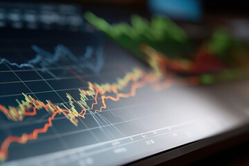 Dynamic financial chart display with multicolored data lines indicating market trends
