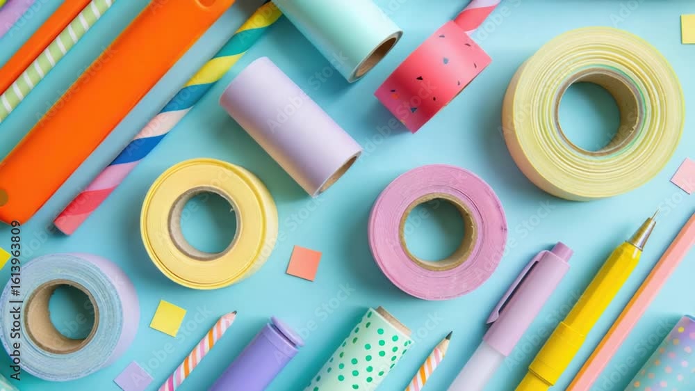 Poster a collection of colorful tapes stuck to a blue surface, ideal for use in diy projects or as a decora