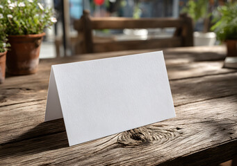 Blank white tent card mockup on tabletop for display advertisement