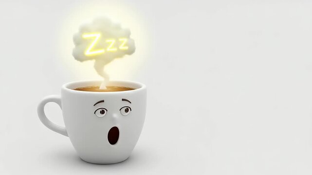 Animated coffee cup with steam and Zzz symbols expressing sleepiness and tired