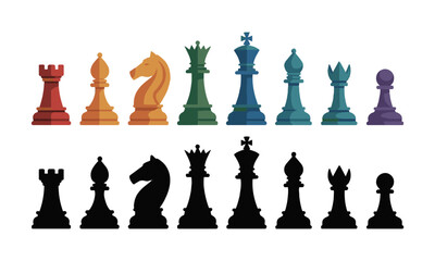 Modern vector illustration of a complete set of chess pieces displayed in two horizontal rows,
