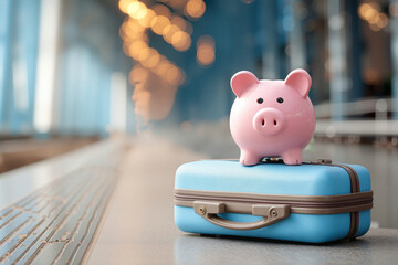 Piggy Bank Atop a Blue Suitcase Symbolizes Saving for Travel at a Vibrant Airport Terminal