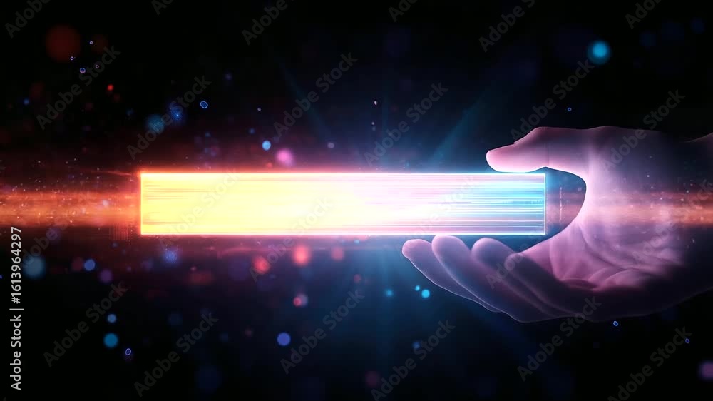 Poster futuristic visualization of a hand controlling a glowing progress bar, surrounded by icons that repr