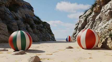 Beach scene with colorful balls nestled between rocky cliffs.  Sunny day, sandy beach