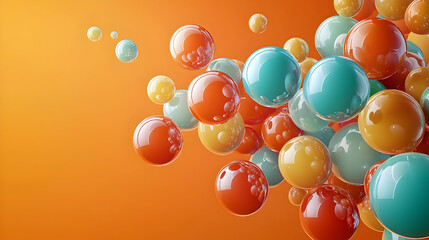 Colorful spheres float in the air against an orange backdrop.  A vibrant display of round objects in various shades of orange, teal, and yellow.  Dynamic, abstract, and eye-catching