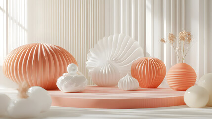 Soft, pastel-toned scene with  organic, 3D shapes.  Muted light and a minimalist aesthetic