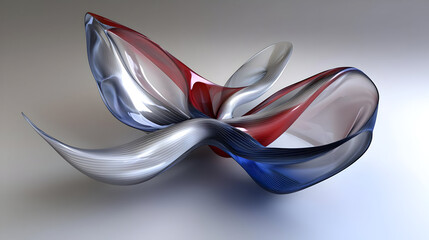 Abstract, flowing, three-color shapes in a graceful, dynamic form.  Intertwined, fluid lines of red, gray, and blue create a sense of movement and elegance