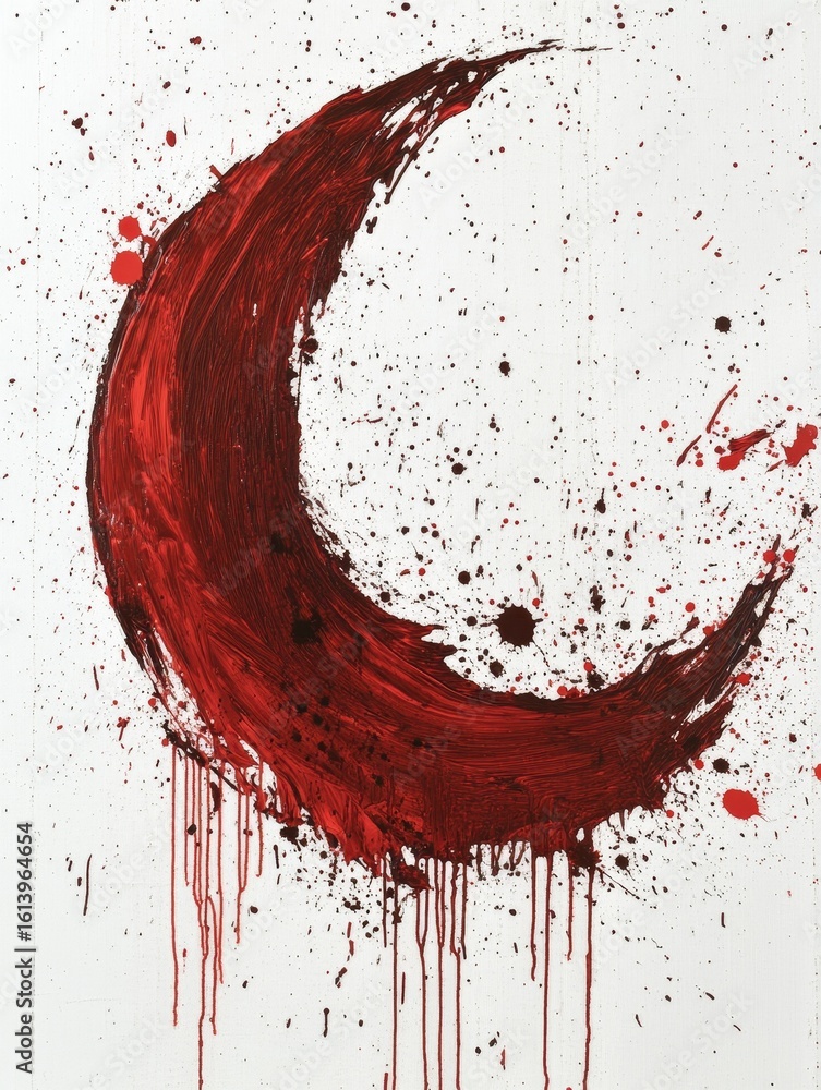 Poster an abstract representation of the red crescent moon featuring splashes of vibrant color and artistic