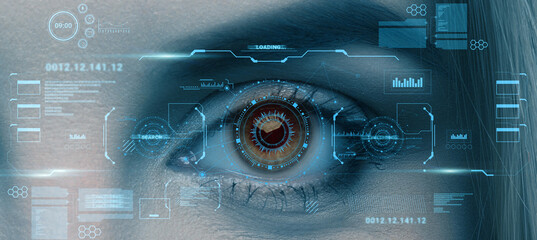 Retina scan of female eye, collage with futuristic data on virtual screen, panorama. User biometrical identification system, access control, data protection, modern security technology