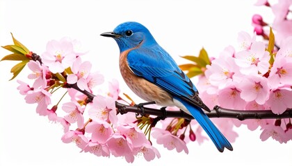 A vivid bluebird perches gracefully on a blooming cherry blossom branch, surrounded by soft pink petals. The warm daylight accentuates the contrast between the bird’s bright blue feathers and the deli
